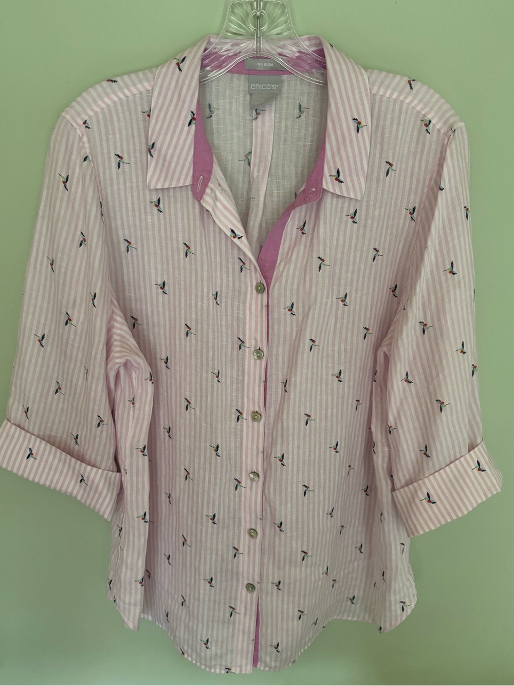 Chico's No-Iron Linen Hummingbird Pink & White Striped Shirt, large (Chico’s 2)